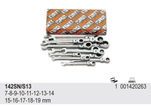 Klucze płasko-oczkowe z dwukierunkowym mechanizmem zapadkowym, z przegubem w zestawie Beta 142SN/S13